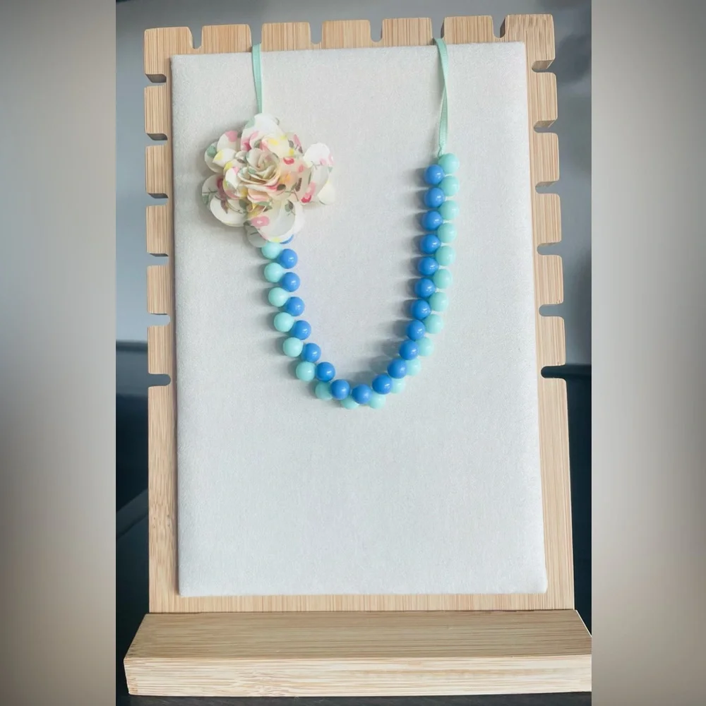 Girls Beaded Necklace with Flower, Blue/Teal, Approx 17 in